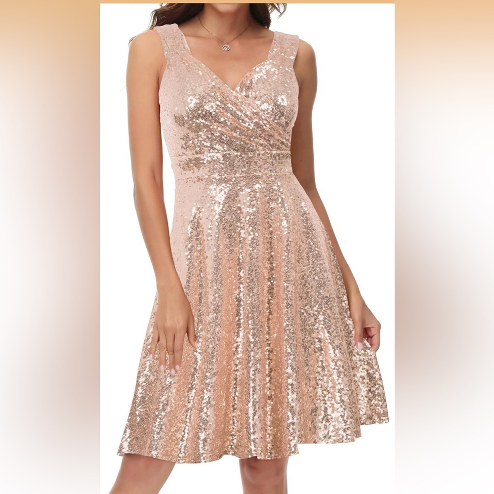 GRACE KARIN Sleeveless Wrap V-Neck A-line Cocktail Sequin Rose Gold Dress